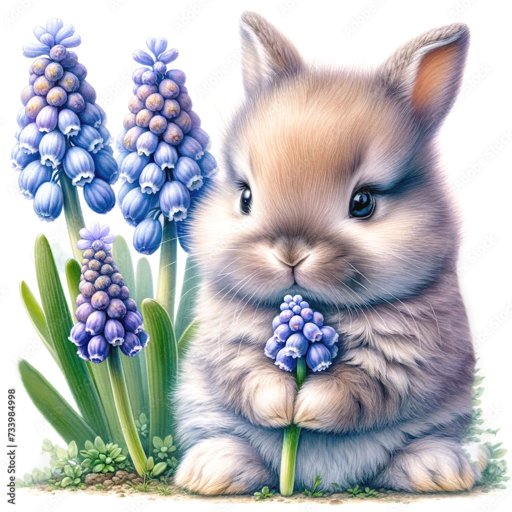 Poster whimsical bunny with flowers illustration created with generative ai technology