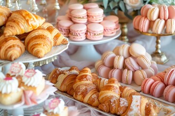 An elegant assortment of baked goods with golden croissants, delicate pink macarons and treats