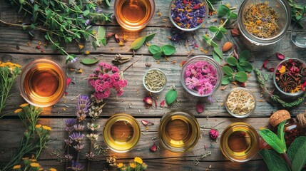 Botanical blends, herbs, essential oils for naturopathy. Natural remedy, herbal medicine, blends for bath and tea on wooden table background - obrazy, fototapety, plakaty