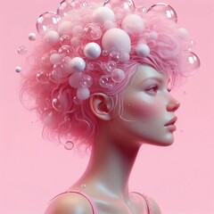 Pink Women face Image with neon bubble effect.