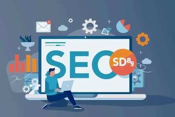 Businessman use laptop to analyze SEO search engine optimization for promoting ranking traffic on website and optimizing your website to rank in search engines. - obrazy, fototapety, plakaty