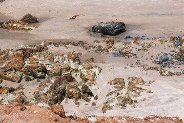 Rocky landscape on the beach with different kinds of stones and rocks