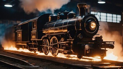 old locomotive in motion _A burning old-fashioned train on fire, burning, with a cool emblem on its front. The train is black  - obrazy, fototapety, plakaty