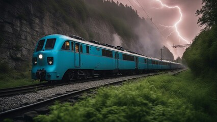 train on the railway blue electricity, A retro train  in lightning storm , electric sparks, lightning   - obrazy, fototapety, plakaty
