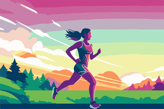 Running woman vector illustration. Female athlete jogging in the park.