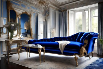 A royal blue velvet chaise lounge nestled by a large picture window.