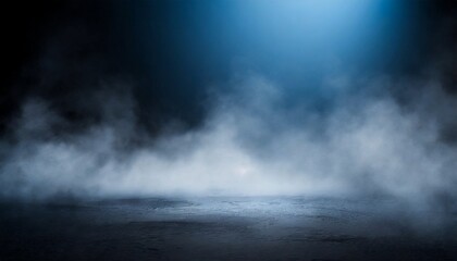 Fototapeta premium Dark empty street background, blue lighting and white smoke on the ground.