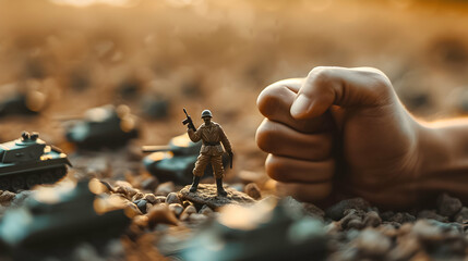 Toy army figure and tanks under a giant fist.
