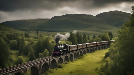 railway in the mountains _A steam train on a high viaduct in the  Highlands.  
