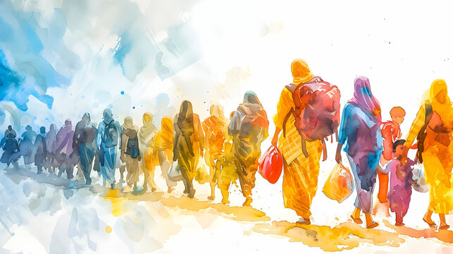 Abstract illustration of migrants moving with bags.