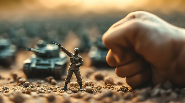 Miniature soldier and tanks with a looming human fist.
