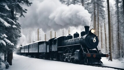 steam train in the forest _A steam train that expels white smoke as it cruises through a frosty forest. The train is black  - obrazy, fototapety, plakaty