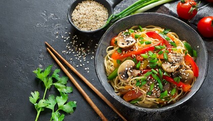 Fried noodles with vegetables, peppers, mushrooms, chives and sesame Asian cuisine - obrazy, fototapety, plakaty
