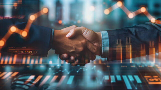 business man investor shaking hands with graph chart stock market diagram and city background, partnership, global network link connection, digital technology, internet communication, teamwork concept