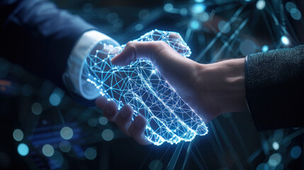 Artificial Intelligence. business man shaking hand with digital partner machine on abstract cyber technology background, network security, partnership, investor, partner, financial, connection concept