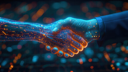 Artificial Intelligence. business man shaking hand with digital partner machine on abstract cyber technology background, network security, partnership, investor, partner, financial, connection concept