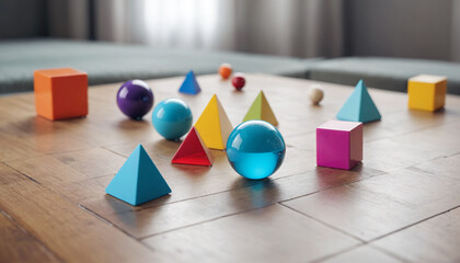 Different sized and different colored geometric shapes for learning geometry and for children to touch and feel different shapes - obrazy, fototapety, plakaty