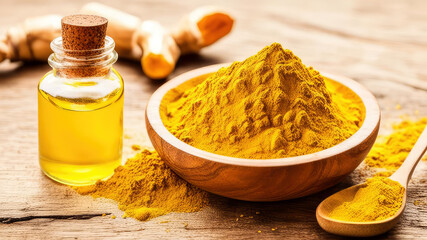 Curcuma longa powder in wooden spoon, turmeric essential oil in a glass bottle and root on rustic...