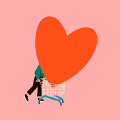 Tiny character with big red Heart. Person carrying giant heart in shopping cart. Cartoon style. Hand drawn trendy Vector illustration. Love, Valentine's day, romance concept. Isolated design template