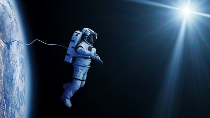 Spaceman astronaut floating in outer space. Earth in background. Sun in Background. Designed for futuristic, mission, science or space travel backgrounds. Floating away from earth.