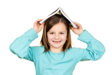 Happy student child holding a book on head