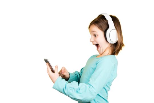 Surprised little girl using phone - Powered by Adobe