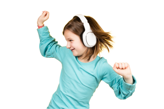 Child dancing while listening music on headphones.