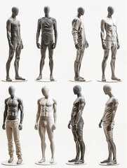 many full-length male mannequins in a row from different angles on a neutral background, 3D