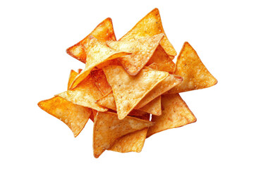 Potato chips fried falling in the air isolated on transparent background, snack time, junk food and high calories concept, crispy snack pieces.