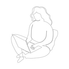 Hand-drawn vector image of a girl working at a computer sitting on a pillow. Illustration in black color separated from the background.