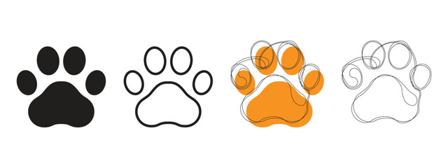 Hand-drawn vector images of dog paws and simple black paw icons. Set of paw icons. © Тима Рябец