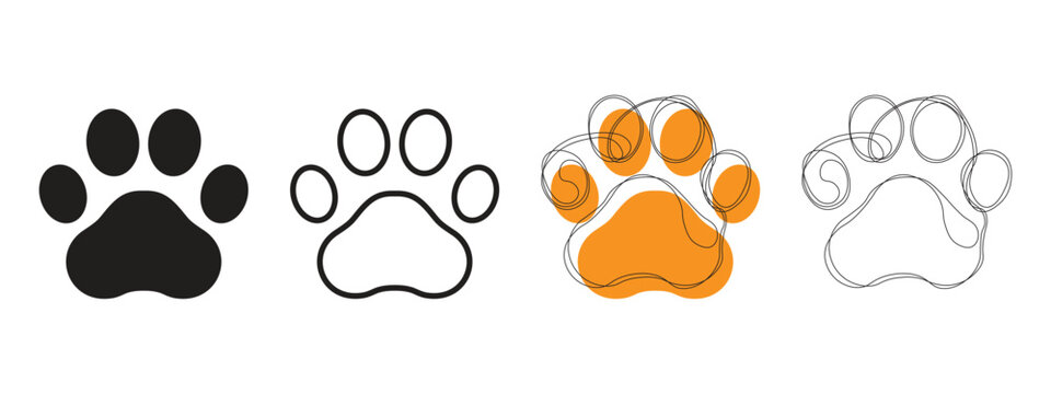 Hand-drawn vector images of dog paws and simple black paw icons. Set of paw icons.