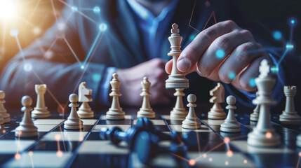 businessman hand moving king chess figure with graphic network link on chess board game competition, chess battle, business management, leadership, team leader, business strategy planning concept