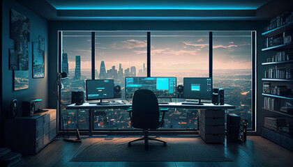 Game room with a computer for cyber gamers. panoramic cityscape outside the window, Ai generated image