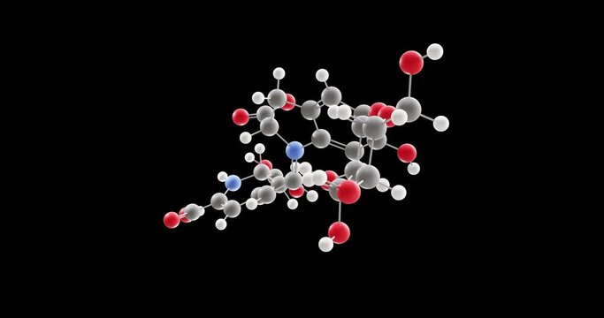 Betanin molecule, rotating 3D model of food dye e162, looped video on a black background