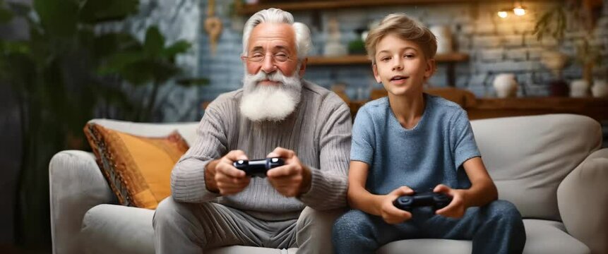 Generations Unite: Grandfather and Grandson Enjoy Gaming Together. Moment of joy, engrossed in a video game, bridging the generational gap with technology