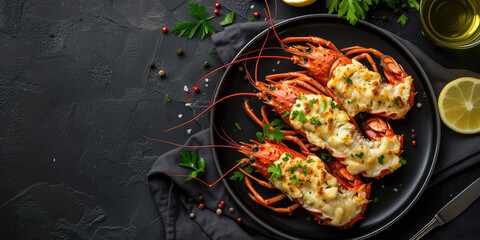 Elegant Lobster Thermidor. Lobster Thermidor, a luxurious dish with creamy cheese sauce, presented with lemon wedges and fresh parsley. 