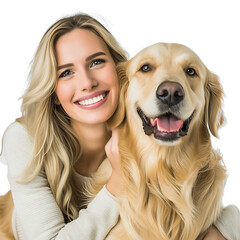 Happy woman with golden dog on transparent background PNG