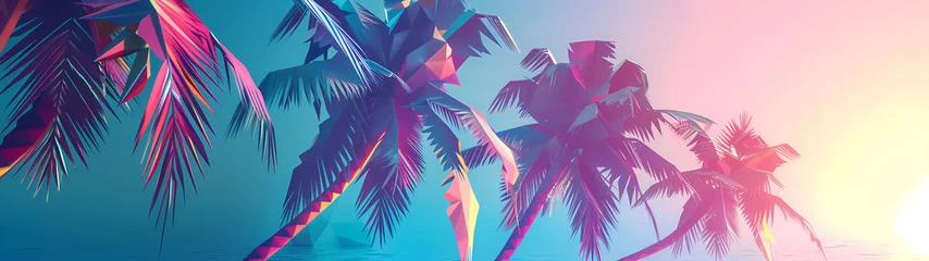 Fotobehang Bright neon landscape with sea and palm trees background. synthwave wallpaper style © Gasi