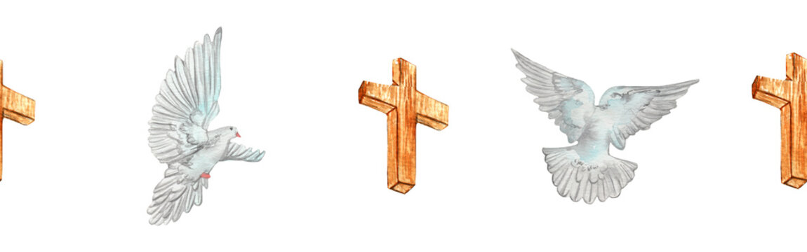 Watercolor birds flying pigeon chross border. Birds seamless border. Hand painted illustration in natural colors on white backround.