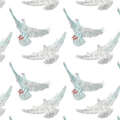 Watercolor birds flying pigeons paattern. Birds print. Hand painted illustration in natural colors on white backround.