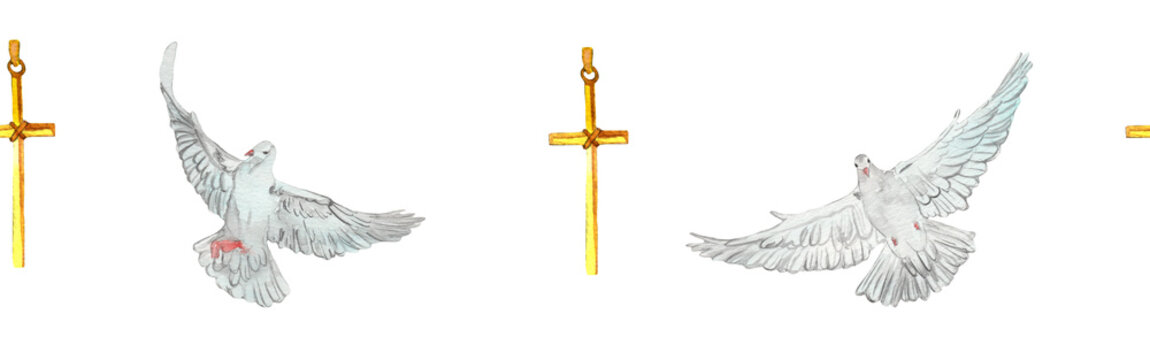 Watercolor birds flying pigeon chross border. Birds seamless border. Hand painted illustration in natural colors on white backround.