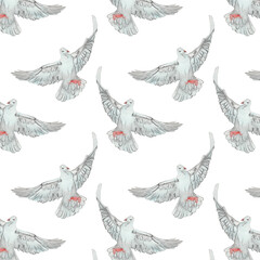 Fototapeta premium Watercolor birds flying pigeons paattern. Birds print. Hand painted illustration in natural colors on white backround.
