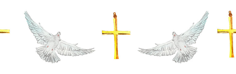 Watercolor birds flying pigeon chross border. Birds seamless border. Hand painted illustration in natural colors on white backround.