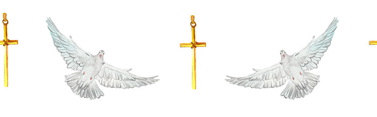 Watercolor birds flying pigeon chross border. Birds seamless border. Hand painted illustration in natural colors on white backround.