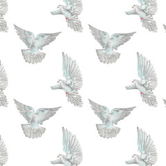 Watercolor birds flying pigeons paattern. Birds print. Hand painted illustration in natural colors on white backround.