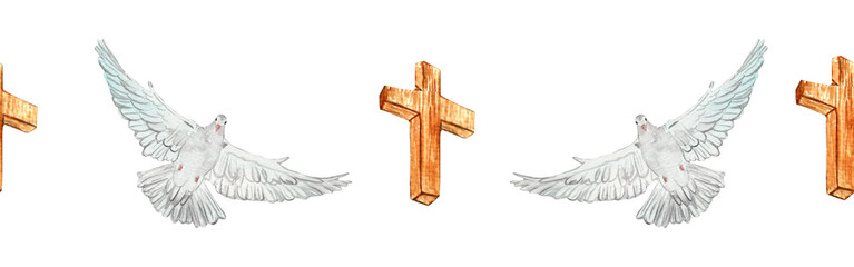 Watercolor birds flying pigeon chross border. Birds seamless border. Hand painted illustration in natural colors on white backround.