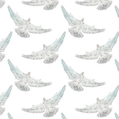 Watercolor birds flying pigeons paattern. Birds print. Hand painted illustration in natural colors on white backround.