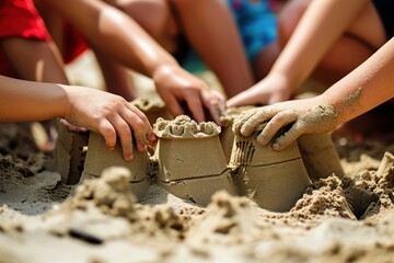 Children's hands building sand castle on the beach, close-up. Childhood concept. Vacation and...