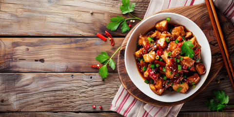 Spicy Kung Pao Chicken with Peppers and Sesame. Succulent Kung Pao Chicken garnished with green onions, red chili peppers, and sesame seeds, served in a bowl. - obrazy, fototapety, plakaty